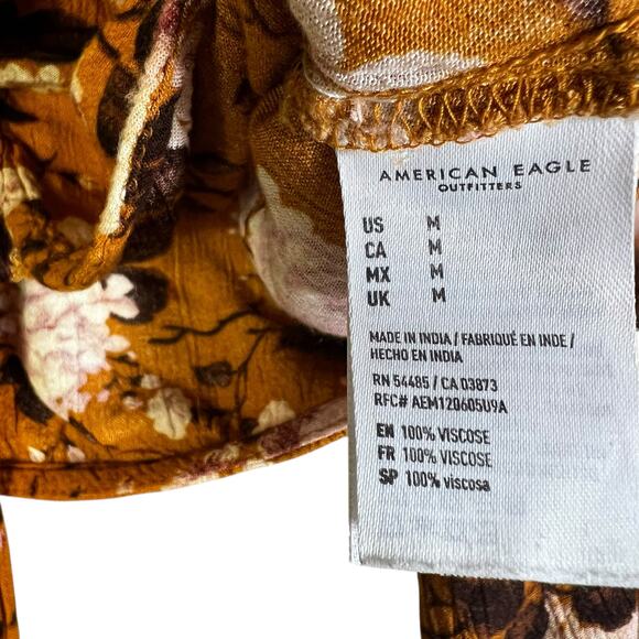 American Eagle Tie Front Crop Top Womens M Brown Floral Bell Sleeve Cottagecore - Picture 5 of 6